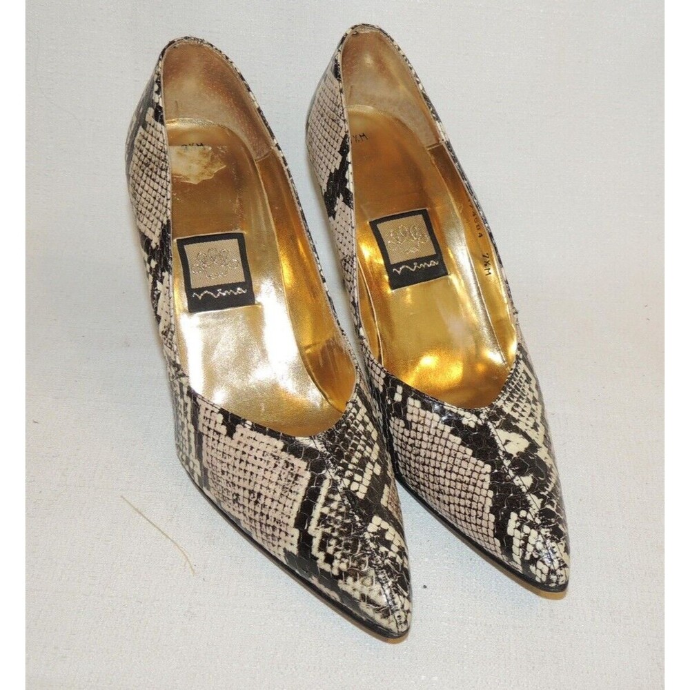 Nina Snakeskin Pumps Women 7.5M Neutral‎ Animal Print Pointed Toe Stiletto Glam
